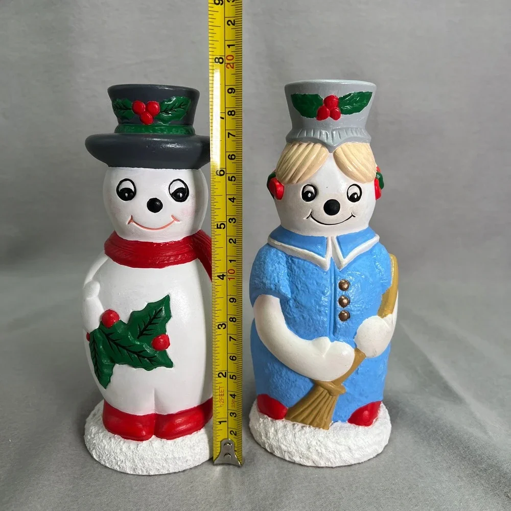 Vintage Hand Painted Ceramic Snowman Couple Taper Candlestick Holders Christmas‎